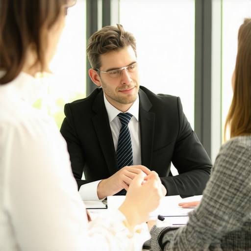 Family law attorney consulting with a client, demonstrating trust and integrity in a professional office environment.