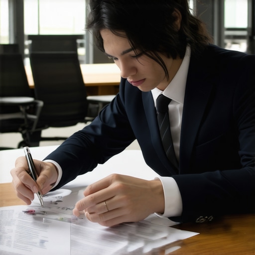 Lawyer reviewing case files and preparing legal strategy in an office setting.