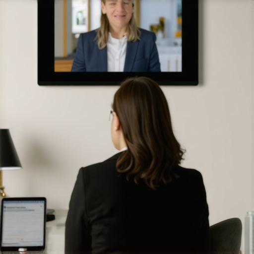 Family law attorney consulting with client via video call in office