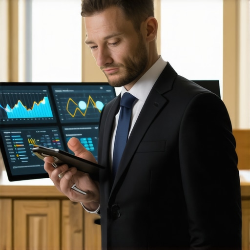 Lawyer using digital tools in a courtroom setting