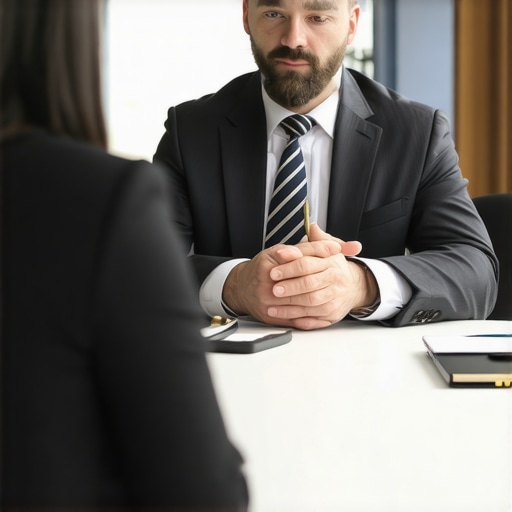 Lawyer discussing case strategy with client in office