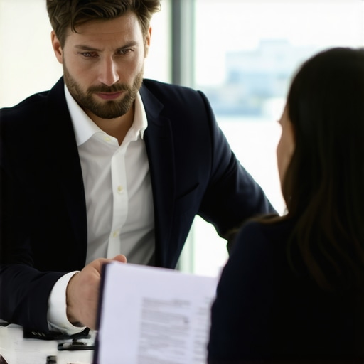 Lawyer and client discussing case strategy in an office setting.