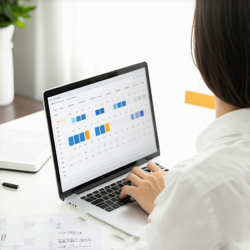 Lawyer working on family law case using computer and legal documents in a professional office