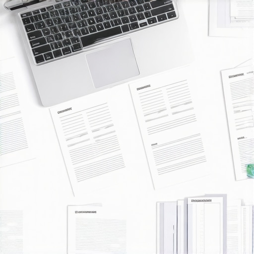 Legal Workspace with Case Management Tools A clean, organized legal workspace featuring case management software on a laptop and evidence files.