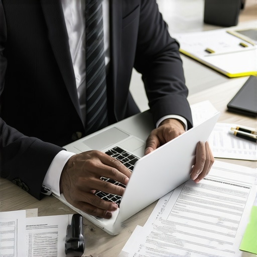 Lawyer working on case management software with legal documents and digital tools