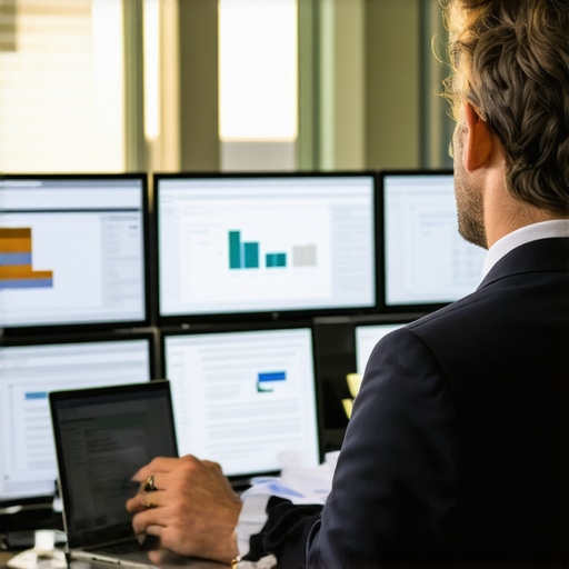 Legal professional managing cases with digital devices and organized files in office