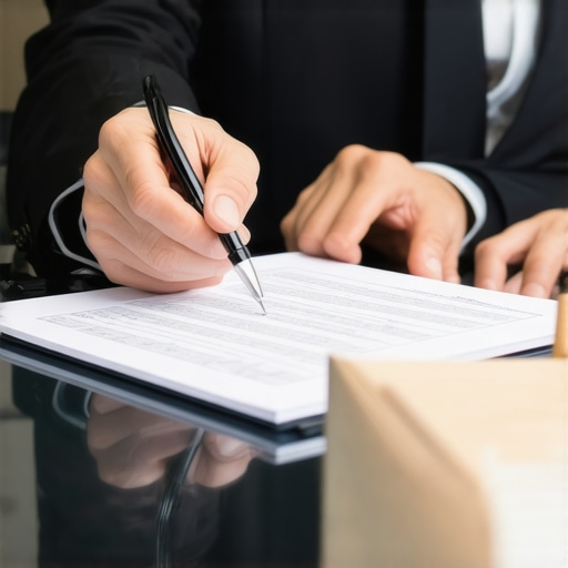 Attorney and client discussing legal documents in an office.