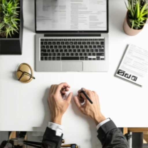 Lawyer Using Digital Tools in Office A lawyer working with digital devices and legal documents in a modern office environment.
