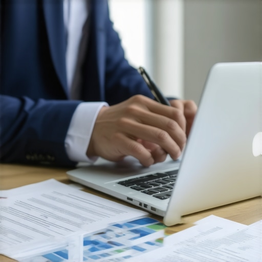 A lawyer using a laptop with legal software and digital files in a modern office