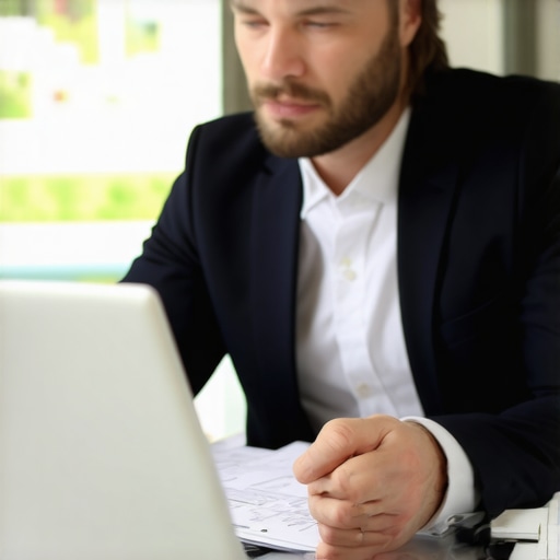Lawyer explaining fee structure to a client with documents and laptop.