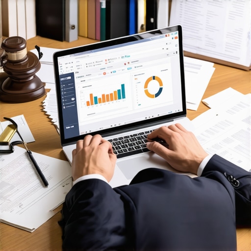 Attorney Using Legal Management Software Attorney working with legal management tools in office environment.