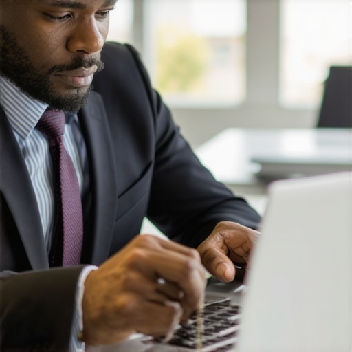 A lawyer reviewing case documents on a digital device in a professional office environment.