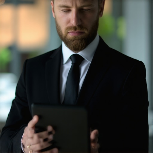 Attorney reviewing case management software on digital tablet in office.
