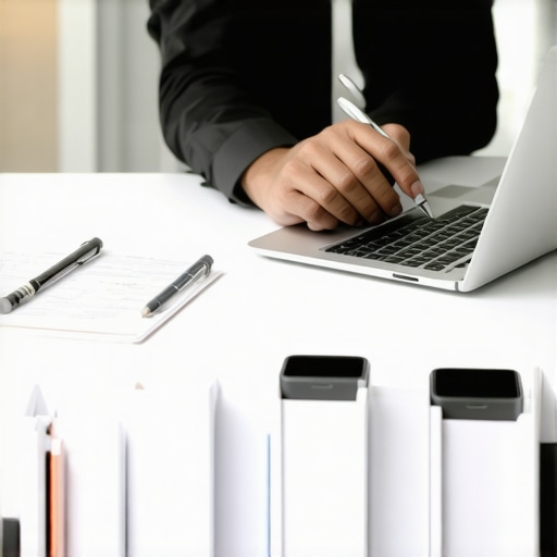 Attorney managing legal tools on desk Attorney working with digital and physical case files in a modern office