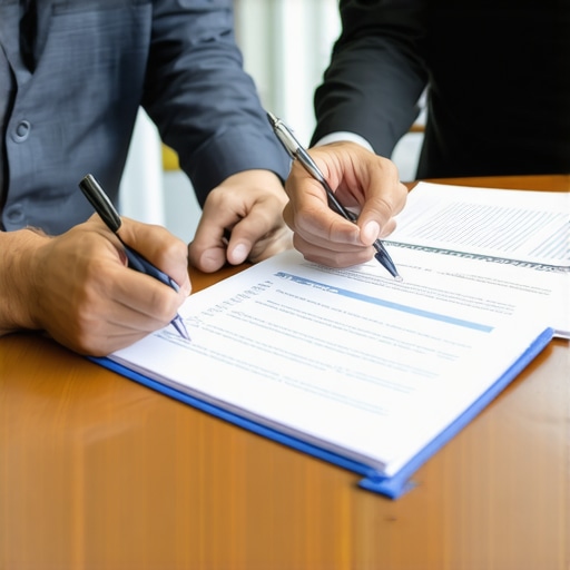 Lawyer and client discussing legal documents in an office setting.