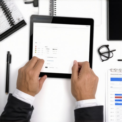 Efficient Legal Practice with Technology Attorney using legal management software on a tablet amidst organized files.