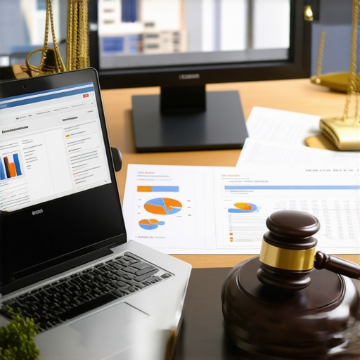 A lawyer's desk showing a laptop with legal management software open, documents, and writing tools.