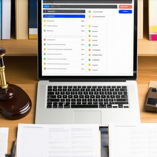 Lawyer's desk with case management software on laptop, files, and digital tools for legal case organization.