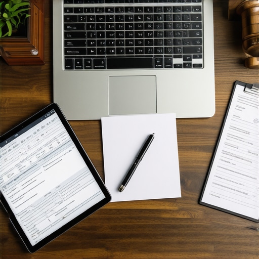An organized lawyer's workspace showcasing digital tools and legal documents for efficient practice management.