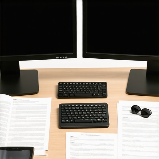 Optimized Legal Workspace for Maximum Productivity A professional lawyer's desk with dual monitors, legal files, and tech tools designed for efficiency.